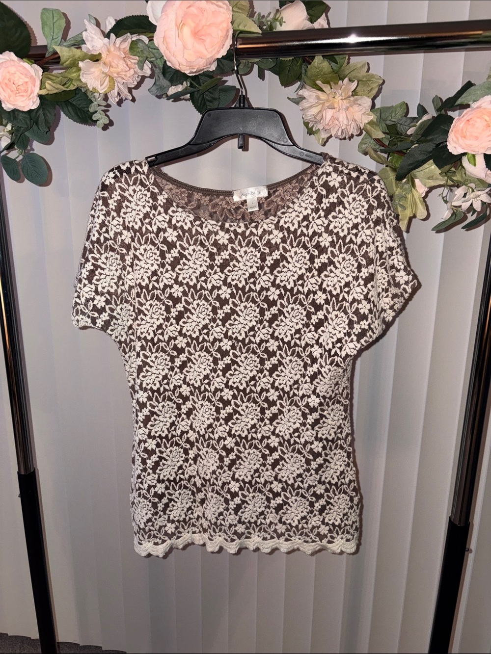 Dress Barn Brown Top with Cream Floral Lace Overlay